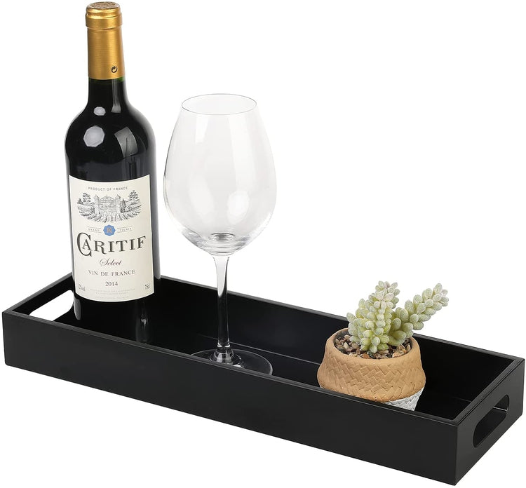 16 Inch Matte Black Metal Narrow Rectangular Serving Tray with Cutout Handles