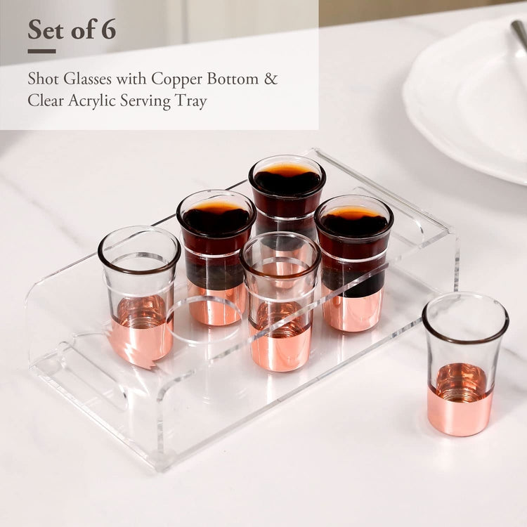 7 Piece Shot Glass Serving Set, 6 Party Shot Glasses with Copper Bottom with Clear Acrylic Serving Tray-MyGift