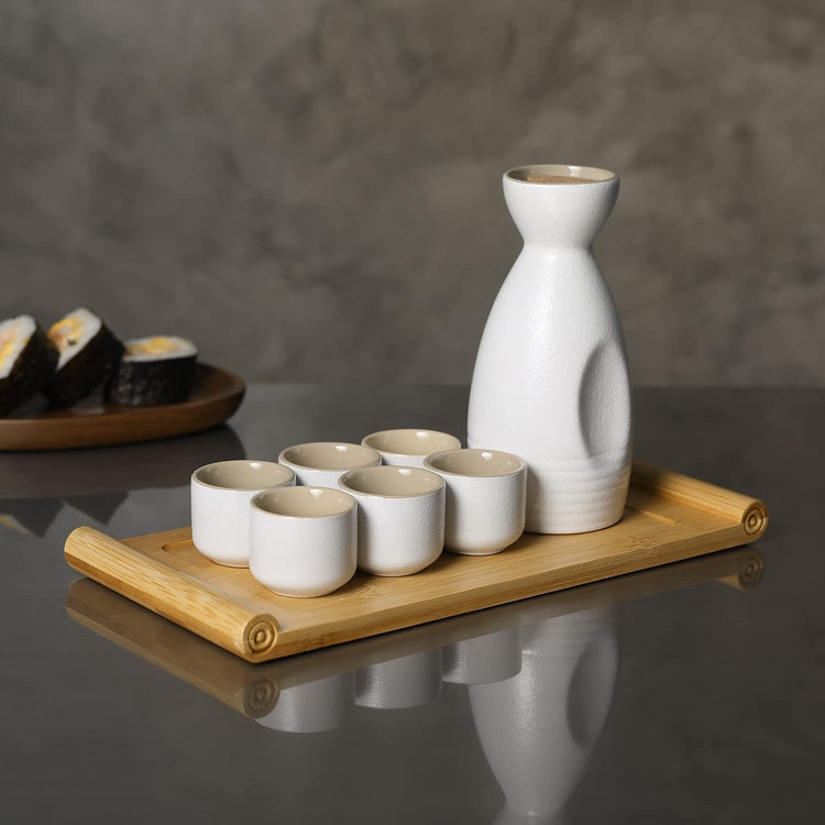 Japanese Style Creamy White Ceramic Sake Serving Combo Set with Pouring Carafe Pot, 6 Shot Cups and Bamboo Wood Tray