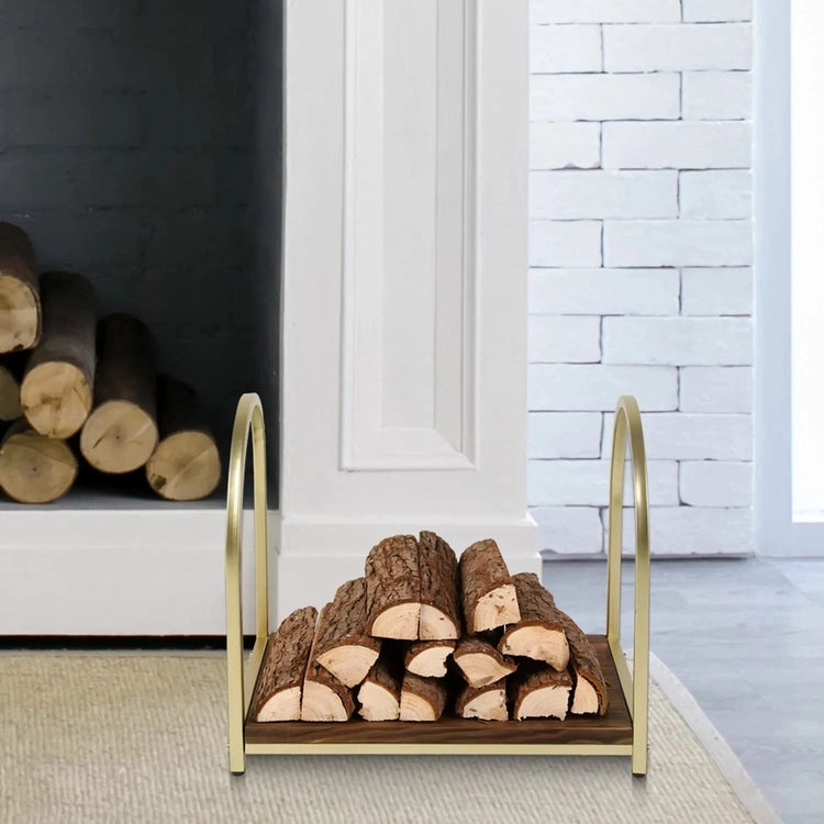 Firewood Rack Fireplace Log Holder, Modern Brass Tone Metal and Burnt Solid Wood Freestanding Stacking Lumber Stand