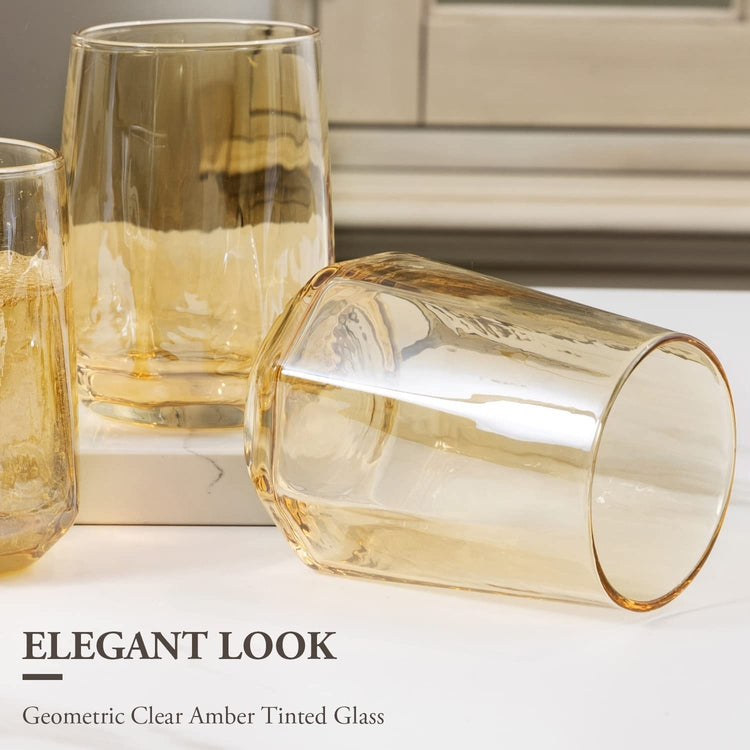 Set of 4, Geometric Clear Amber Smoke Tone Stemless Wine, Beverage Glasses-MyGift