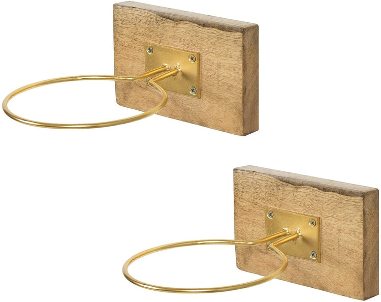 Brass Tone Metal Ring and Wood Sports Ball Wall Mounted Display Rack, Set of 2