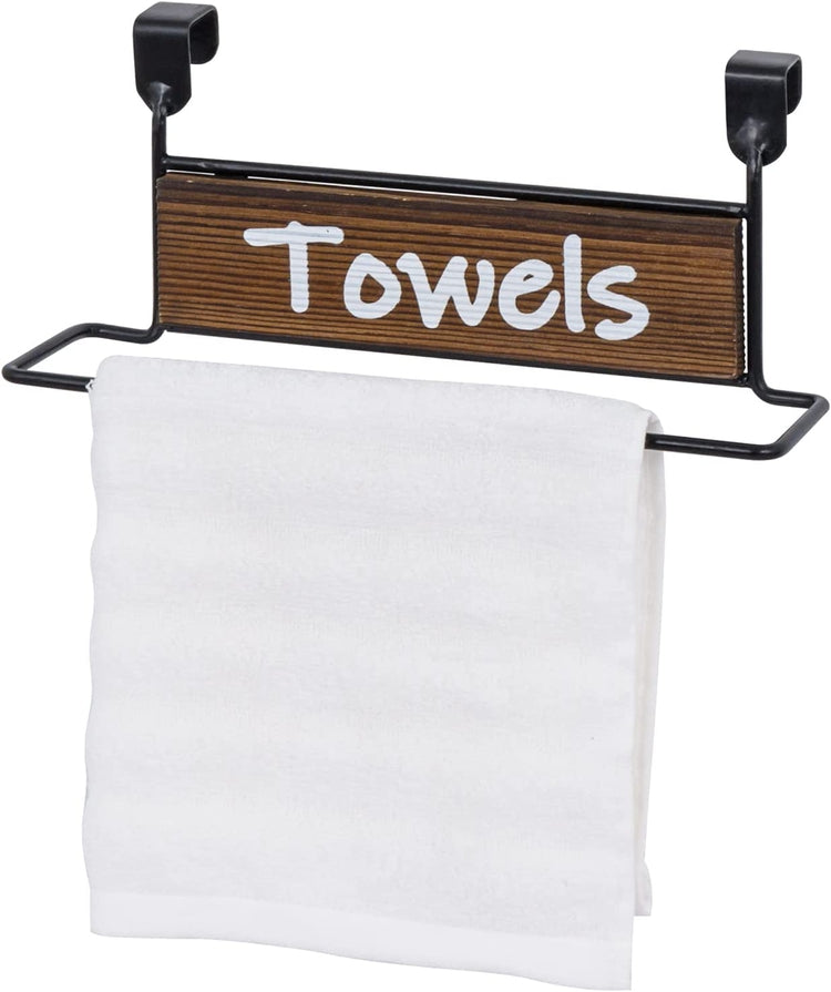Burnt Wood and Industrial Black Metal Over Cabinet Door Hand Towel Bar Rack with Cursive Label