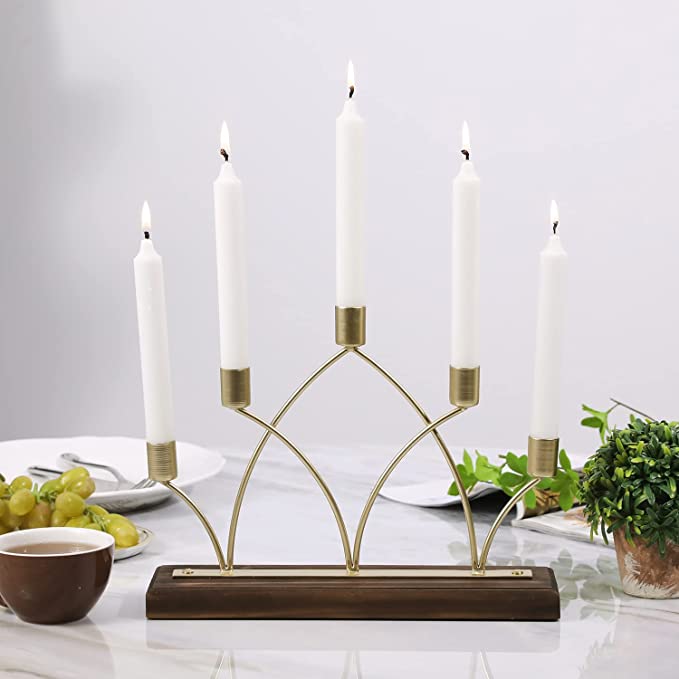 Brass Tone Metal Candelabra Candle Holder, Tabletop Candle Holder Display-MyGift