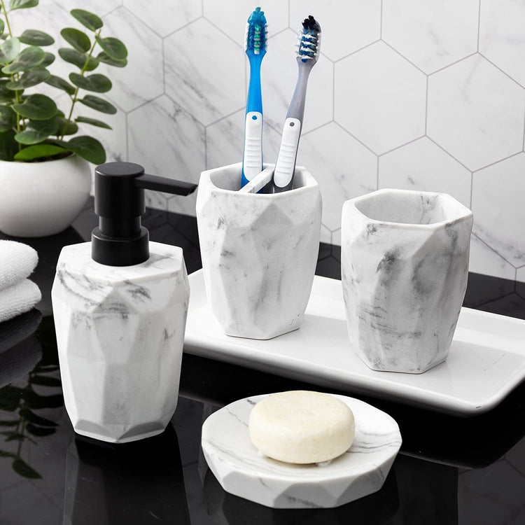 4 Piece Marble Pattern Geometric Style Bathroom Set, Liquid Soap Lotion Dispenser, Toothbrush Holder, Tumbler, Soap Dish-MyGift