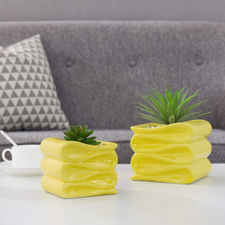 2 Pack of 4 and 5 Inch Modern Decorative Folded Design Yellow Ceramic Flower Succulent Planter Pots-MyGift
