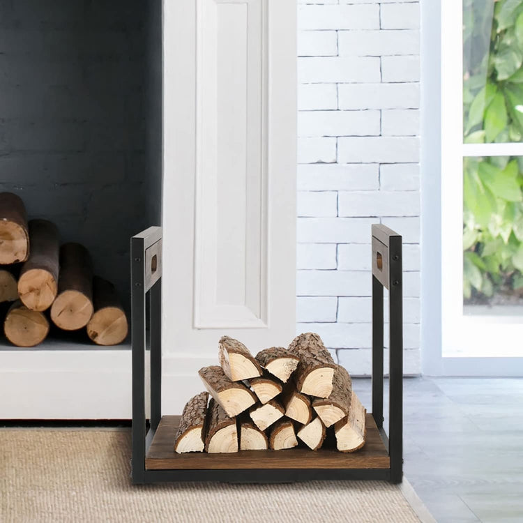 Indoor Firewood Rack with Handles, Burnt Brown Wood and Matte Black Metal Freestanding Fireplace Log Holder Storage