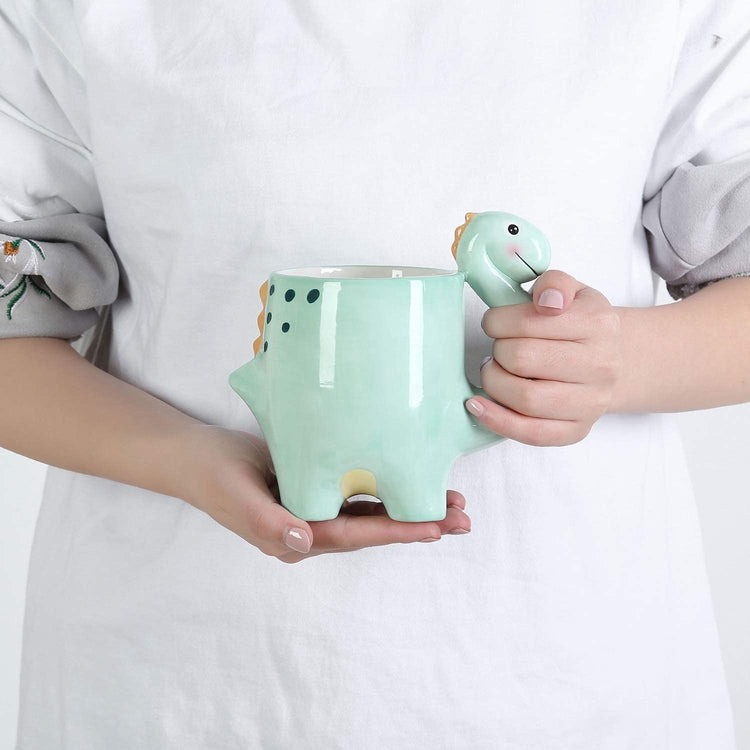 Teal Green Ceramic Dinosaur Cartoon Drinking Mug with Handle-MyGift