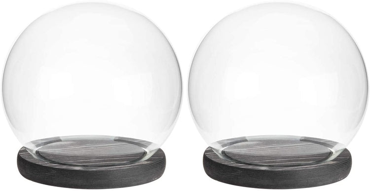 Set of 2, 6-inch Clear Glass Terrarium and Keepsake Display Globe Cloche with Black Wood Base-MyGift