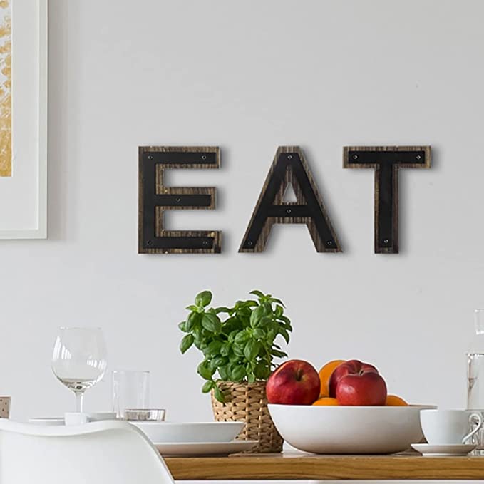 Cutout Decorative Wall Mounted EAT Letter Sign with Burnt Wood and Matte Black Metal