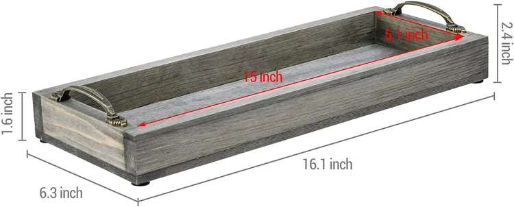 16 Inch Gray Wood Toilet Tank Tray Organizer, Bathroom Vanity Rectangular Tray with Antique Brass Tone Metal Handles-MyGift