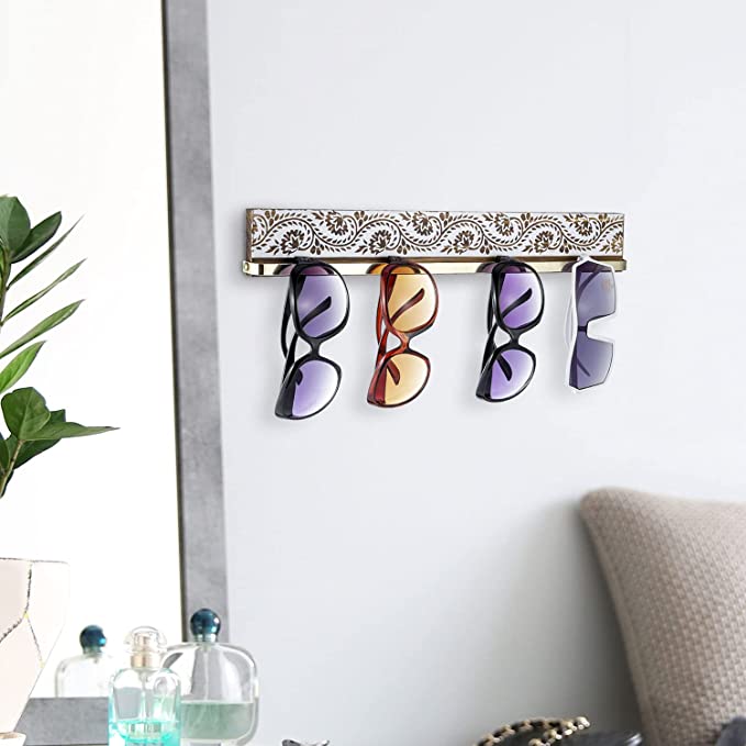 Wall Mounted Brass Tone Metal and Burnt Wood Sunglasses Holder with White Floral Pattern-MyGift