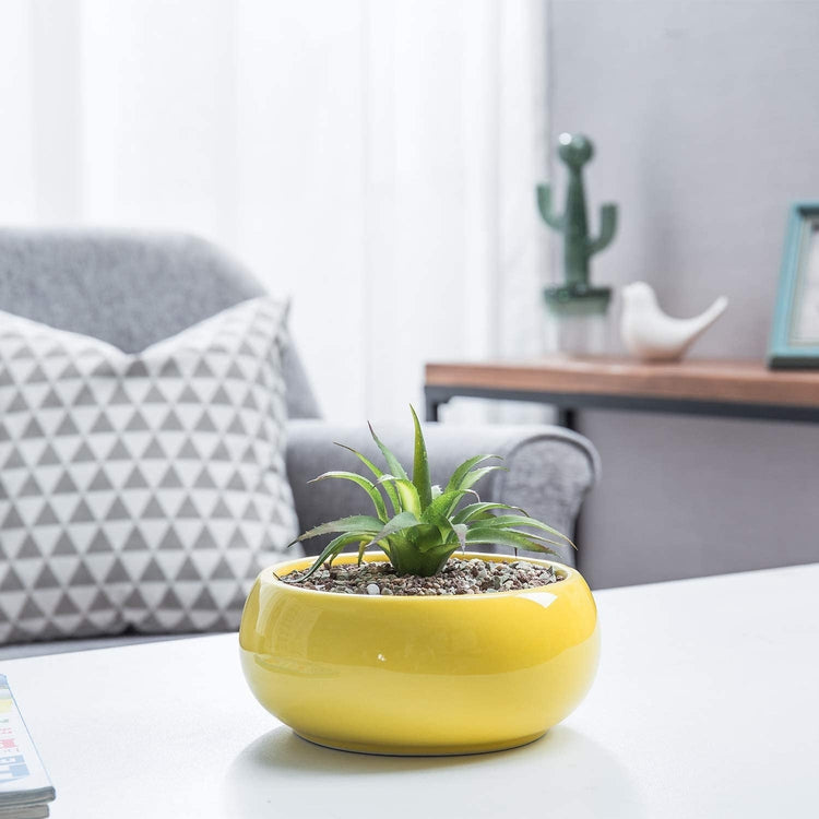 7.5 Inch Round Yellow Glazed Ceramic Planter Pot-MyGift