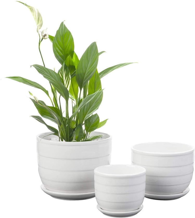 Set of 3 White Glazed Round RIbbed Ceramic Nesting Planters with Attached Saucers-MyGift