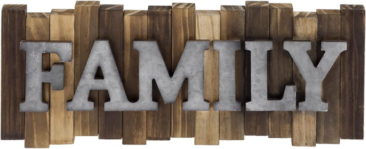 FAMILY Wall Mounted Sign, Wood and Galvanized Metal Embossed Raised Letters, Striped Plaque Art-MyGift