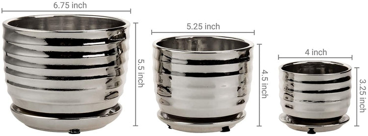 3 Piece Set, Silver Nesting Ceramic Planter Pots with Ribbed Design and Attached Saucers-MyGift