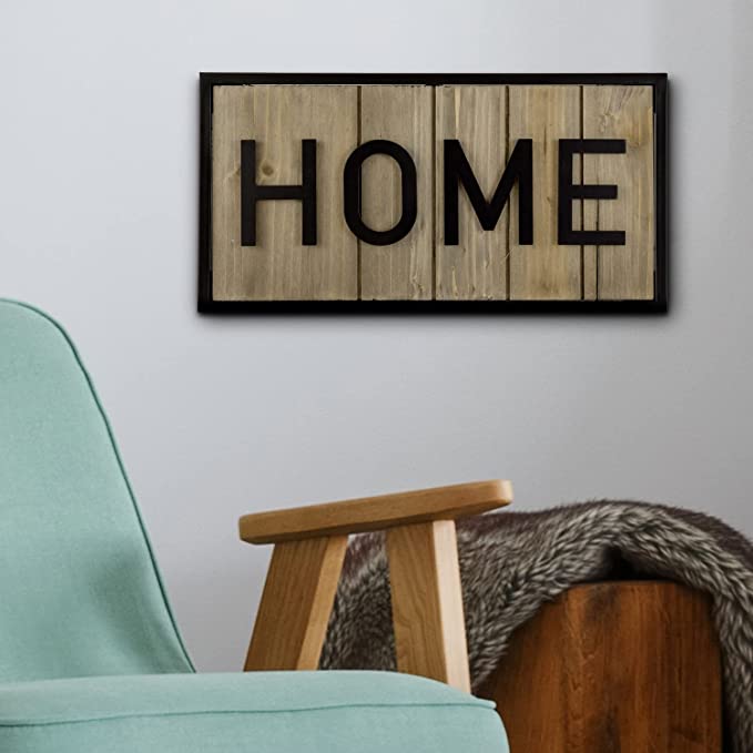 Hanging Entryway Décor, Home Cutout Lettering Sign Weathered Brown Wood and Matte Black Metal-MyGift