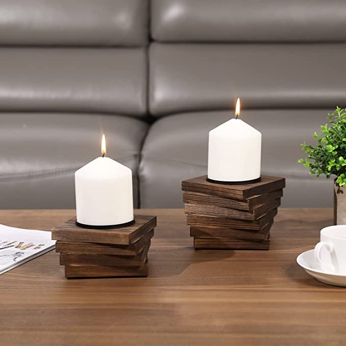 Burnt Wood Square Pillar Candle Holders with Black Metal Base, Set of 2