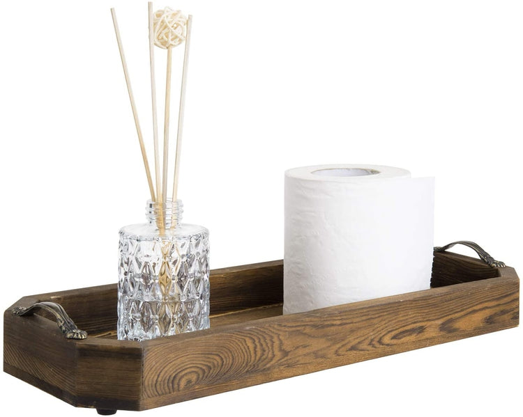 Dark Brown Wood Vanity Organizer, Octagonal Serving Tray with Antique Metal Handles-MyGift