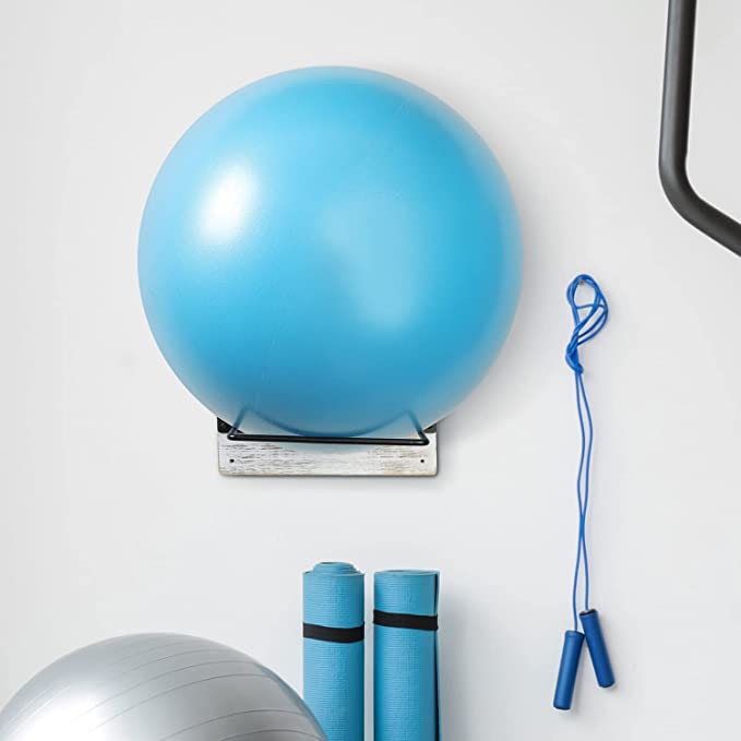 Wall Mounted Exercise Stability Ball Holder, Rustic White Washed Wood and Black Metal Wire Ball Equipment Organizer