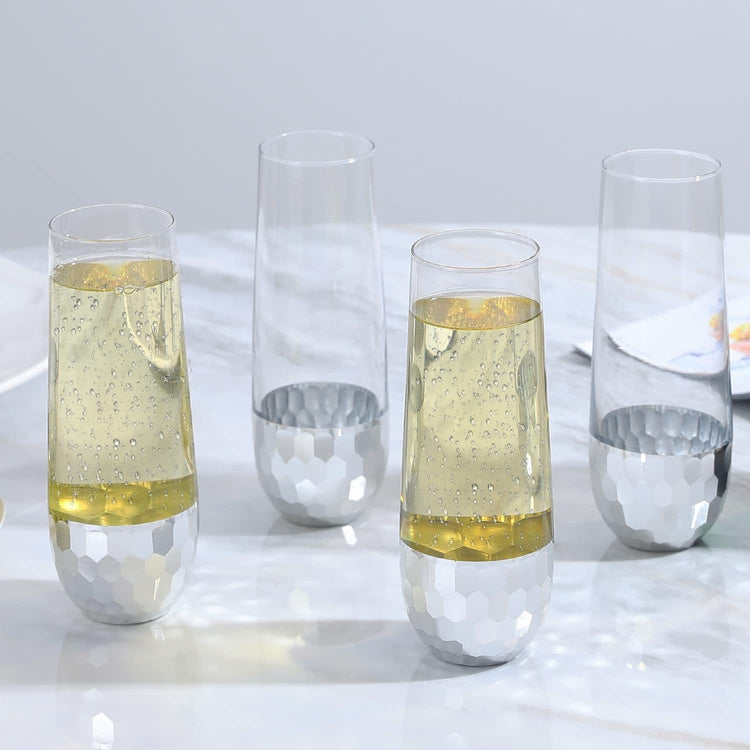 Set of 4, Stemless Champagne Flute Party Glasses with Hammered Style Silver Plated Bottoms-MyGift