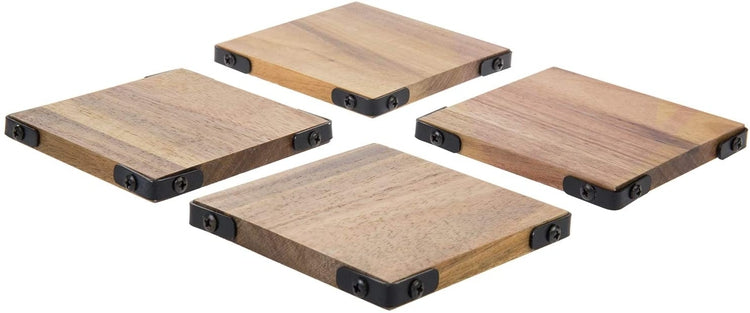 Set of 4, Premium Acacia Solid Wood Square Beverage Coasters with Matte Black Metal Corners-MyGift