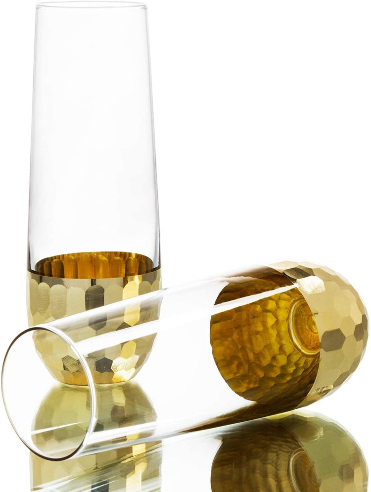 Set of 4, Stemless Champagne Flute Party Glasses with Hammered Brass Plated Bottoms-MyGift