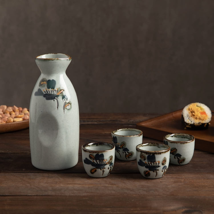 5 Piece Japanese Style Sake Set Gray Artistic Floral Accent Ceramic, Decanter Carafe and 4 Sake Cups-MyGift