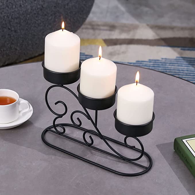 Tabletop Tiered Candelabra, Matte Black Metal Pillar Candle Holder with Vintage Scrollwork Design-MyGift