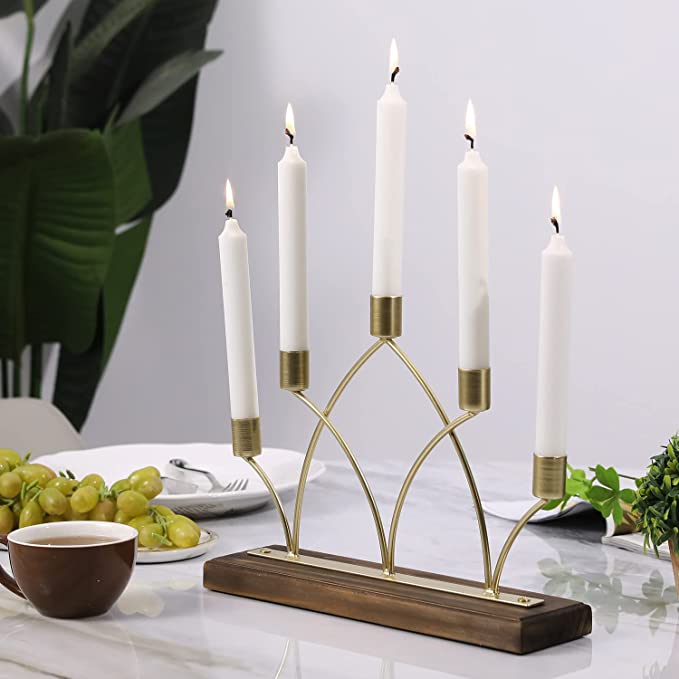 Brass Tone Metal Candelabra Candle Holder, Tabletop Candle Holder Display