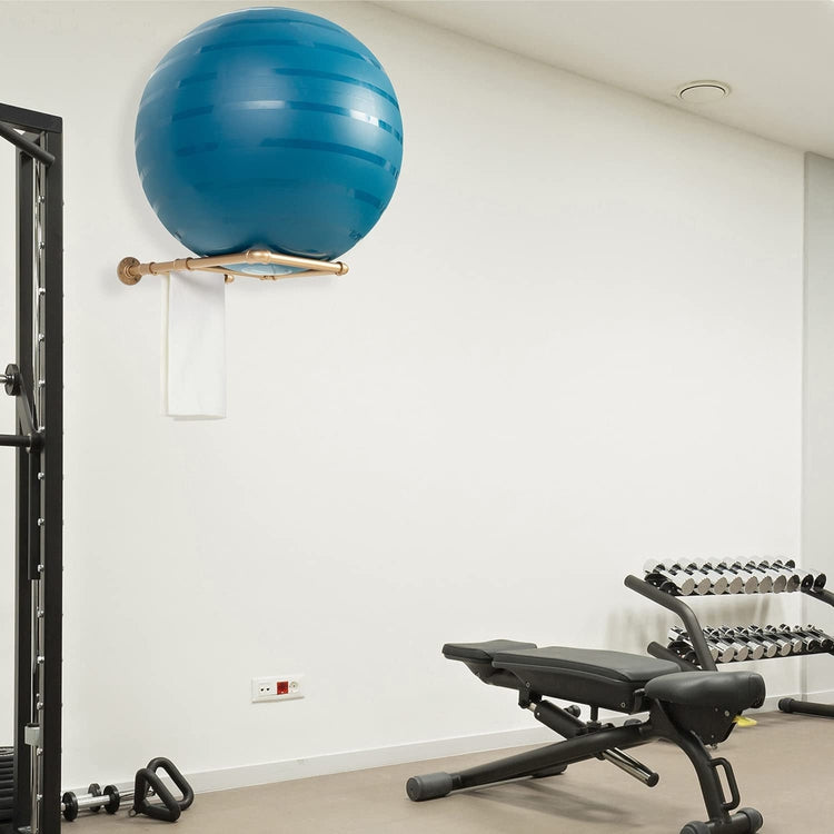 Wall Mounted Gold Tone Metal Industrial Pipe Display Rack for Exercise and Sports Balls