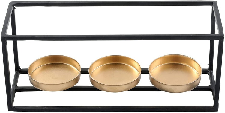 Candle Holder Centerpiece with Black Wire Rectangular Frame and Gold Bases for 3 Pillar or Tealight Candles-MyGift