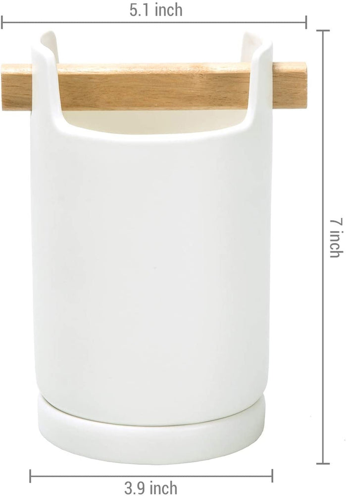 Modern White Ceramic Utensil Crock + Cutlery Caddy with Drainage Tray-MyGift