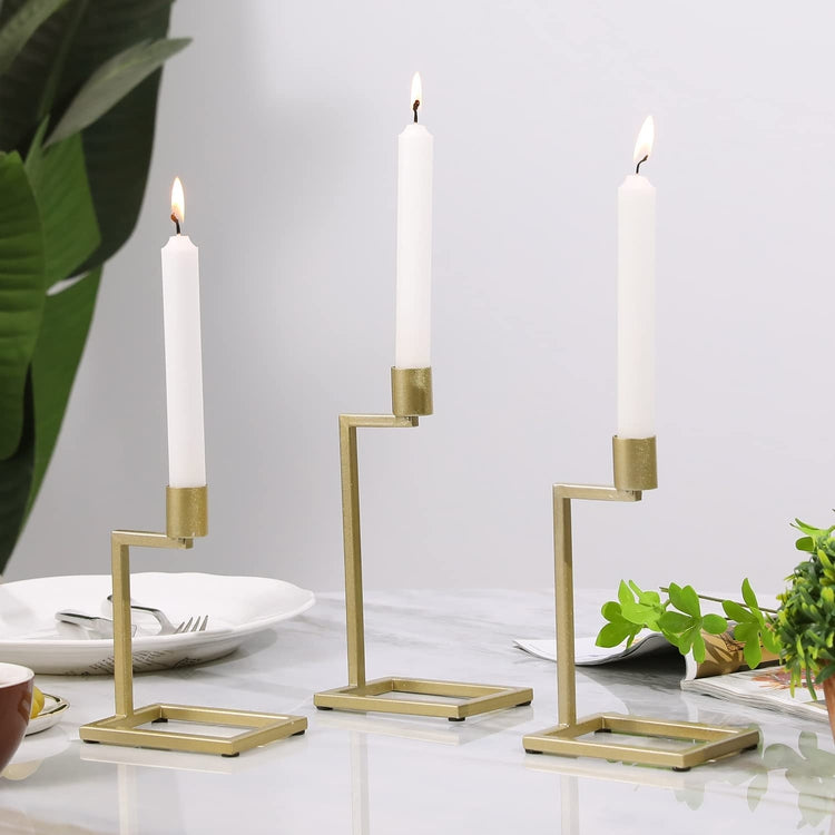 Set of 3, Decorative Candlestick Holders, Brass Tone Metal Tabletop Tiered Taper Candle Stands-MyGift
