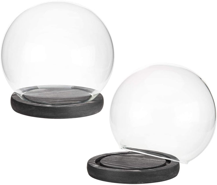 Set of 2, 6-inch Clear Glass Terrarium and Keepsake Display Globe Cloche with Black Wood Base-MyGift