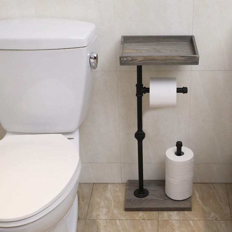 Gray Wood and Industrial Metal Pipe Freestanding Toilet Paper Roll Holder Stand with Reserve Storage and Top Shelf Tray-MyGift