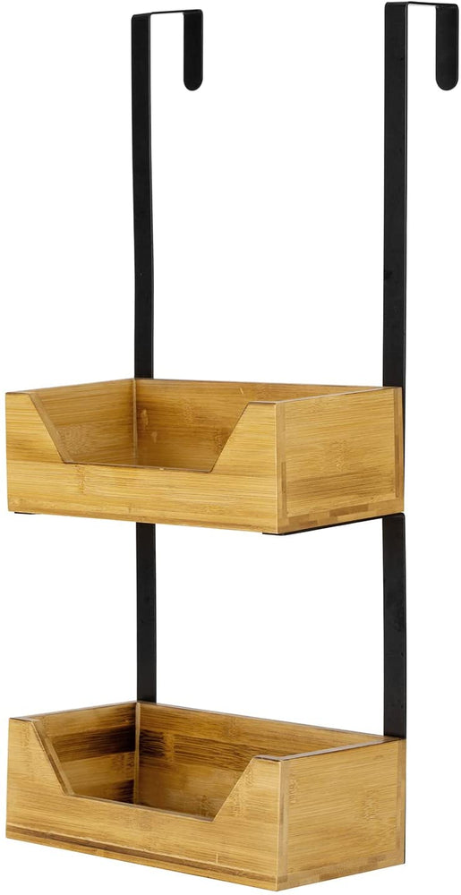2-Tier Bamboo Over-the-Door Hanging Wall Organizer, Bathroom Accessories Toiletries Storage Caddy with Black Metal Frame-MyGift