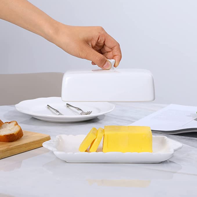 Large White Butter Holder with Lid, Vintage Ceramic Butter Dish Keeper - Holds 2 Sticks of Butter-MyGift
