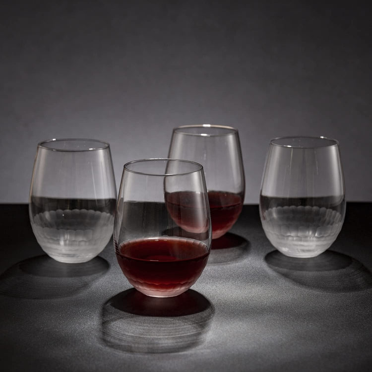 Modern Stemless Wine Glasses with Clear Frosted Hammered Pattern Base, Set of 4