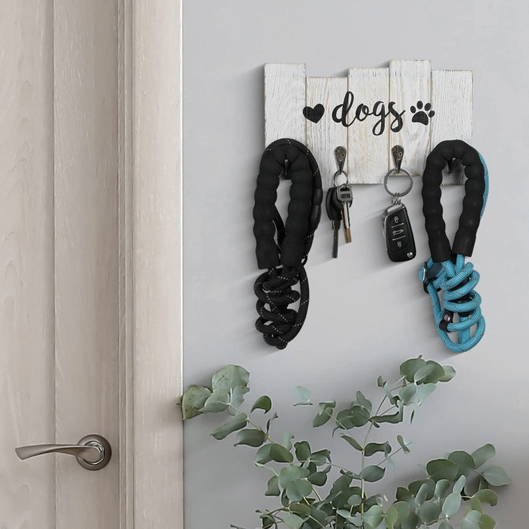 MyGift Wall Mounted Dog Leash Holder, 4-Hook Rustic Whitewashed Wood Hanging Key Hook Rack with Cursive Dogs Label, Heart and Paw Print Decals
