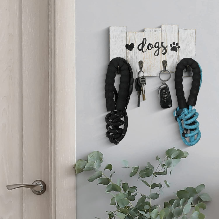 Wall Mounted Dog Leash Holder, Whitewashed Wood Hanging Key Hook Rack with Cursive DOGS Label, Heart and Paw Print Decal-MyGift