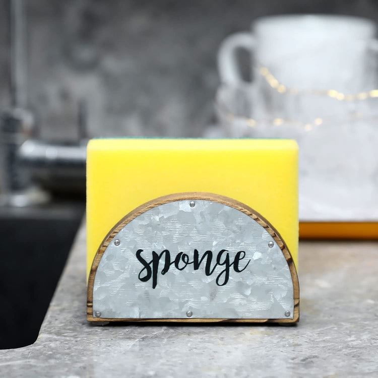 Burnt Wood Semicircle Kitchen Sponge Holder with Galvanized Metal and Black Sponge Cursive Lettering