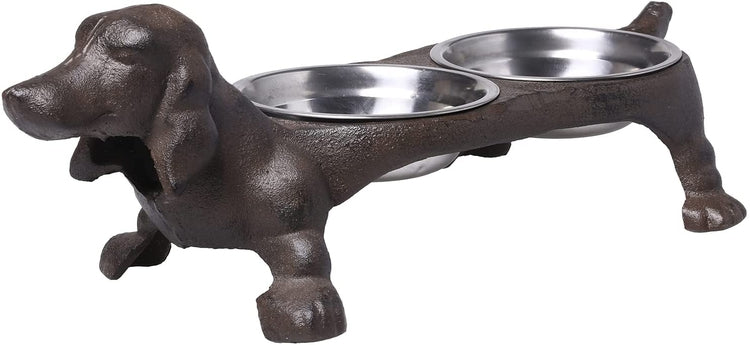 Rustic Cast Iron Dachshund Hot Dog Design Small Pet Feeder with 2 Stainless Steel Bowls-MyGift