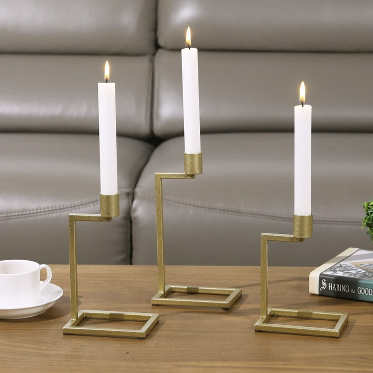 Set of 3, Decorative Candlestick Holders, Brass Tone Metal Tabletop Tiered Taper Candle Stands