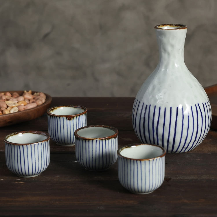 Traditional Japanese Blue Striped Ceramic 5 Piece Sake Set with Serving Carafe and 4 Drinking Cups-MyGift