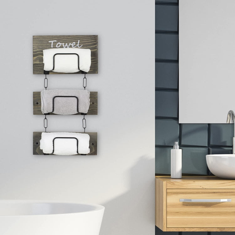 Wall Mounted Rolled Hand Towel Holders, 3-Tier Gray Wood Black Metal Wire Hanging Bathroom Organizer Shelf, Towel Sign