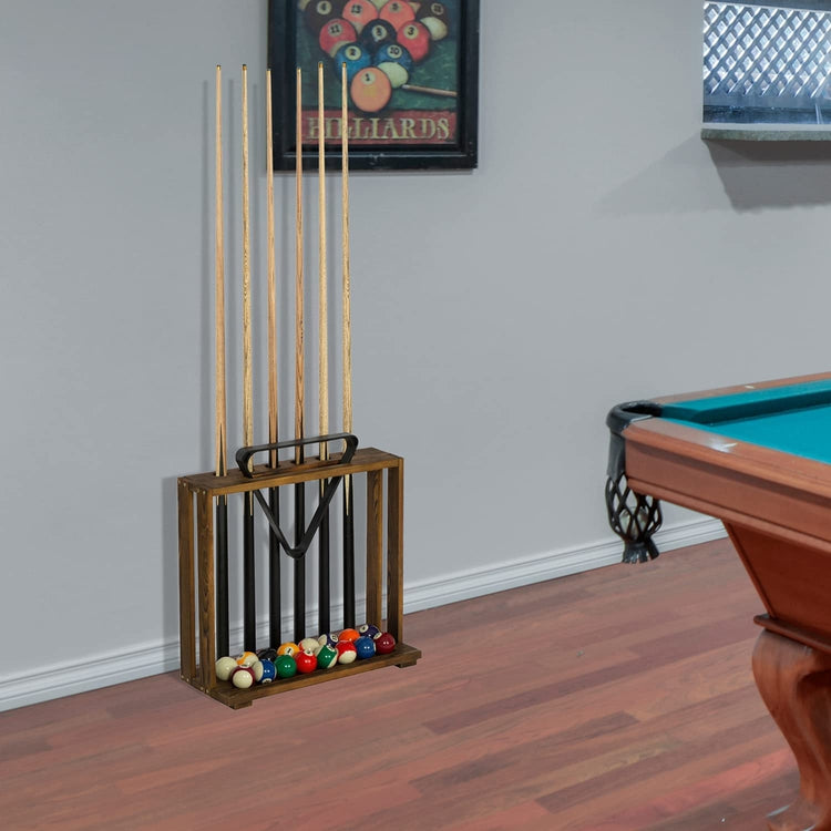 Burnt Solid Wood Freestanding Billiards Pool Cue Organizer with Ball Storage and Triangle Rack Slot-MyGift