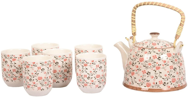 Japanese Ceramic Tea Service Set Pink Rose Pattern Design, Teapot with Bamboo Top Handle, Tea Leaf Strainer, 6 Teacups-MyGift
