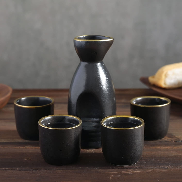 5 pc Japanese Oriental Style Black and Gold Rim Ceramic Sake Set with Serving Carafe Bottle and 4 Shot Cup Glasses-MyGift
