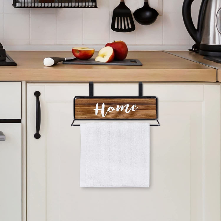 Burnt Wood and Black Metal Over Cabinet Door Kitchen Hand Towel Bar Rack Hanger with White Cursive “HOME" Writing
